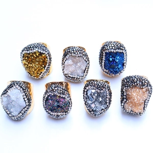 Natural Druzy Crystal Adjustable Ring Irregular Raw Stone With Rhinestone Pave Bohemian Statement Jewelry For Women