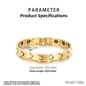 Detailed technical drawing of golden tungsten steel magnetic bracelet with specifications
