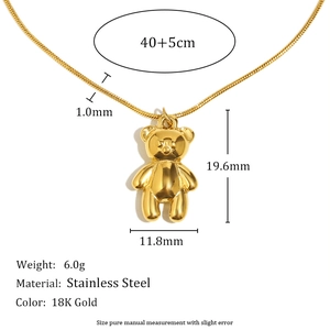 18K gold plated stainless steel bear pendant necklace with 40+5cm thin snake chain