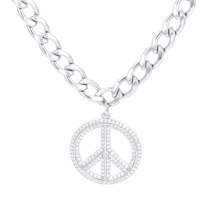 Hip hop silver peace sign pendant necklace with sparkling micro-pave zircons for men