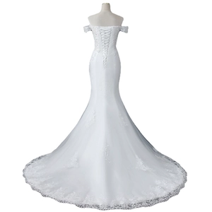 Elegant white off-the-shoulder mermaid wedding dress with lace embroidery and long train