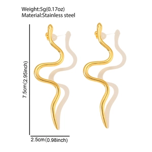 Detailed view of snake-shaped stainless steel earrings with length and weight measurements