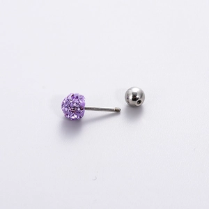 Shinny purple crystal ball stud earring in silver titanium steel with screw back