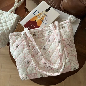Quilted cotton tote bag with floral patterns and cute rabbit prints for women