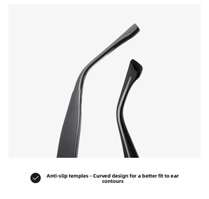 Detailed macro view of ergonomic anti-slip curved temples for black square sunglasses