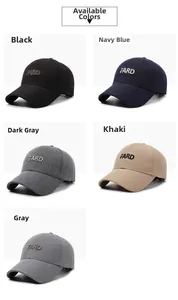 Detailed grid view showing FARD embroidery baseball caps in black, navy, grey and khaki