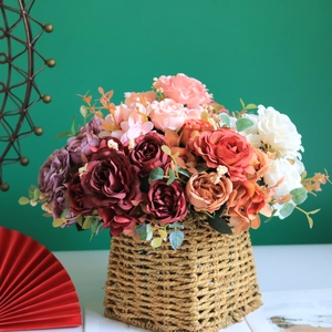 Artificial Rose Peony Hydrangea Flower Bouquet Vintage Satin Cloth Floral Decor For Home Wedding Party