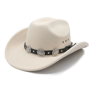 Classic cream wool felt western cowboy hat with decorative silver metal buckle band