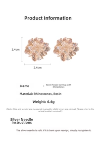 Detail view of 2.4cm pink resin flower earrings with sparkling rhinestones and silver pins