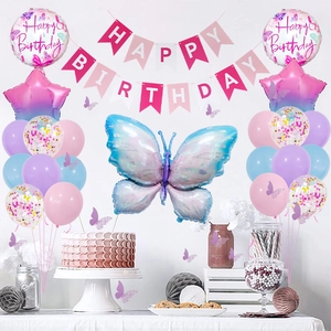Schmetterling-Geburtstagsset mit Farbverlauf-Ballons, Banner und Schmetterlingsflügeln