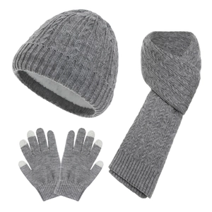 3-piece winter set with wool knit hat, neck warmer and touch screen gloves in grey