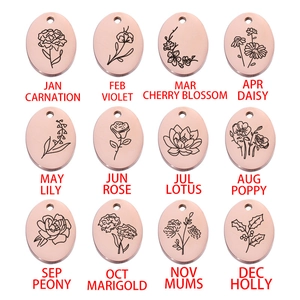 Rose gold oval birthday flower pendants in 12 styles displayed on a white background