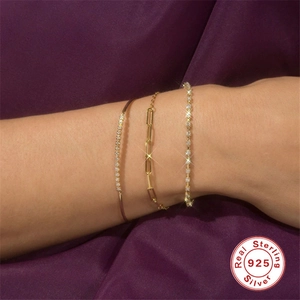 925 silver gold plated snake bracelet set with paperclip chain and tennis bracelet on wrist