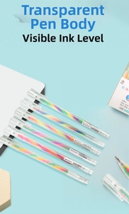 Detailed view of six rainbow gradient highlighters with transparent barrels on blue background