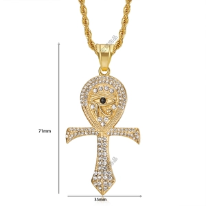 Detailed view of gold plated Ankh pendant with Horus Eye and crystals measuring 71mm by 35mm