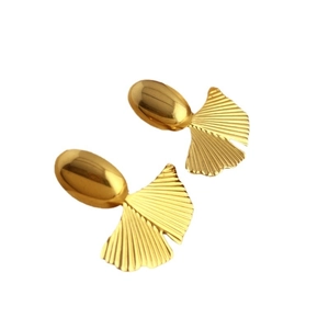 Elegant gold ginkgo leaf dangle earrings featuring a fan-shaped design with linear texture