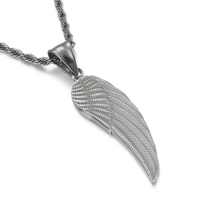 Minimalist silver wing feather pendant in stainless steel on a rope chain necklace