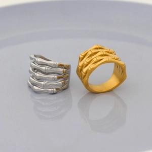 Minimalist geometric skeleton bone 18K gold and silver stainless steel rings set