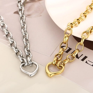 Polished stainless steel chunky chain necklaces with heart pendants in gold and silver
