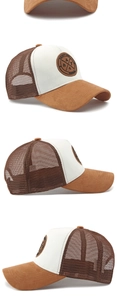 Drei Ansichten der Vintage Mesh Trucker Cap mit Retro-Patch und atmungsaktivem Stoff