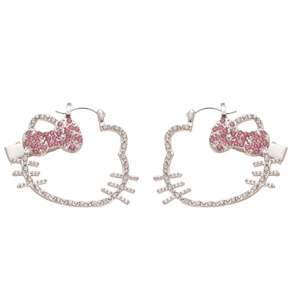 Sparkling Hello Kitty earrings with white and pink rhinestones in silver finish