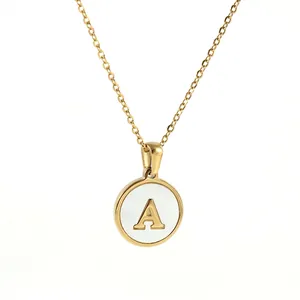 Round Initial Letter Necklace 18K Gold Plated Stainless Steel With Mother Of Artificial Pearl Shell Inlay Fashion Jewelry For Women