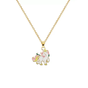 Golden unicorn pendant necklace with colorful enamel detailing on white background