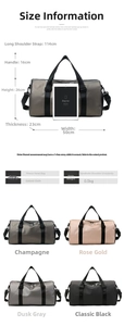 Detailed size specifications and color options for the dry wet separation travel gym bag