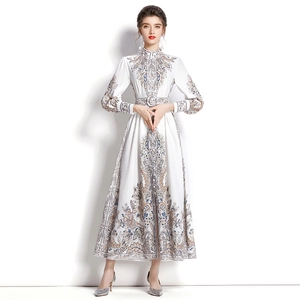 Resort-style white maxi dress with baroque print, stand collar and lantern sleeves