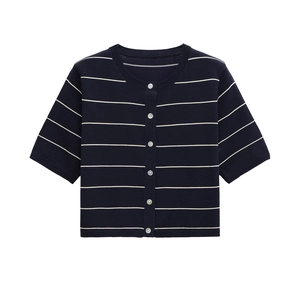 Women Striped Knit Cardigan Round Neck Short Sleeve Button Down Cropped Sweater Top Casual Elegant Navy Blue
