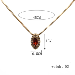 Macro view of gold drop pendant with red marquise stone and 45cm chain dimensions