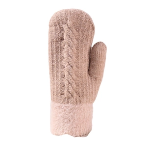 Winter warm cable knit mittens for women in beige with plush faux fur cuffs