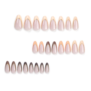 Almond press-on nails set with brown french gradient and gold glitter tips