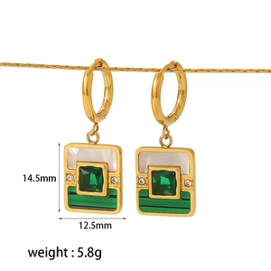 18k gold plated stainless steel emerald zircon earrings with geometric pendants