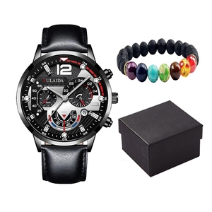 Men's stylish quartz watch with black leather strap and beaded bracelet in a gift box