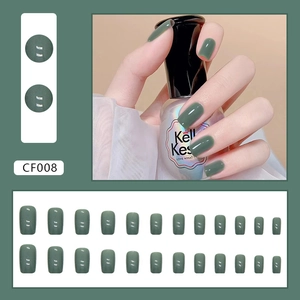Medium square sage green press-on nails with silver glitter stripes decoration