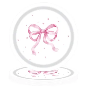 Close-up of disposable plates featuring pink watercolor bow and star patterns