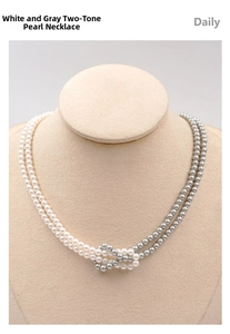 Detail of grey and white pearl necklace showing intertwined double-strand design on a mannequin