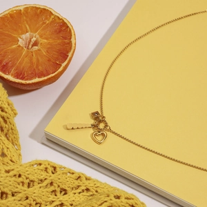 Detail of 18K gold stainless steel heart pendant necklace with T-bar toggle clasp on books