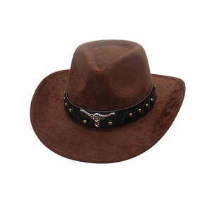 Classic brown suede cowboy hat with black leather band and silver bull head ornament