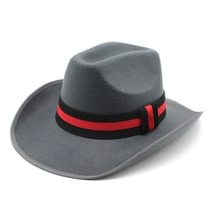 Dark grey wool fedora hat with a wide brim and decorative black and red striped band