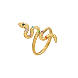 Chic gold-plated stainless steel snake ring with colorful crystal stones for women
