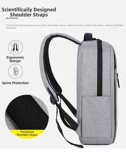 Detail of ergonomic breathable mesh shoulder straps on grey business laptop backpack