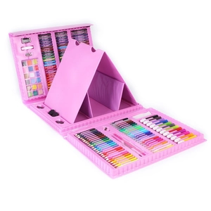 208-piece pink children art set with built-in easel and complete painting tools kit