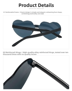Détail de lunettes de soleil en cœur avec charnières métalliques renforcées sur monture