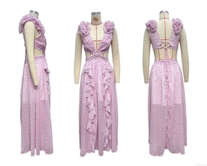 Detailed views of a pink floral maxi dress with hollow waist and ruffle sleeves