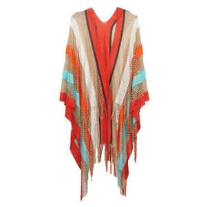 Detail of colorful knitted shawl featuring V-neckline and fringed edges on white background