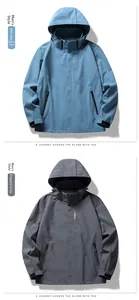 Outdoor hooded jackets in mist blue and grey with zipper pockets and adjustable cuffs