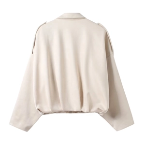 Vue arrière du blouson aviateur en similicuir crème avec épaules tombantes et ourlet élastique