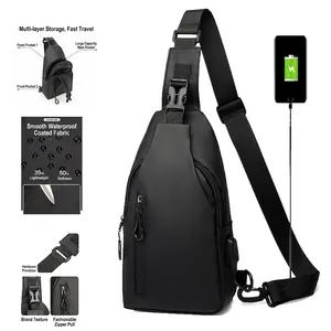 Men's Chest Bag Waterproof Oxford Crossbody Shoulder Sling Backpack With USB Charging Port Trendy Casual Sports Travel